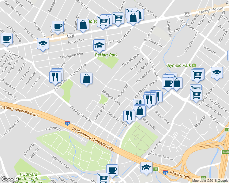 map of restaurants, bars, coffee shops, grocery stores, and more near 21 Field Road in Maplewood