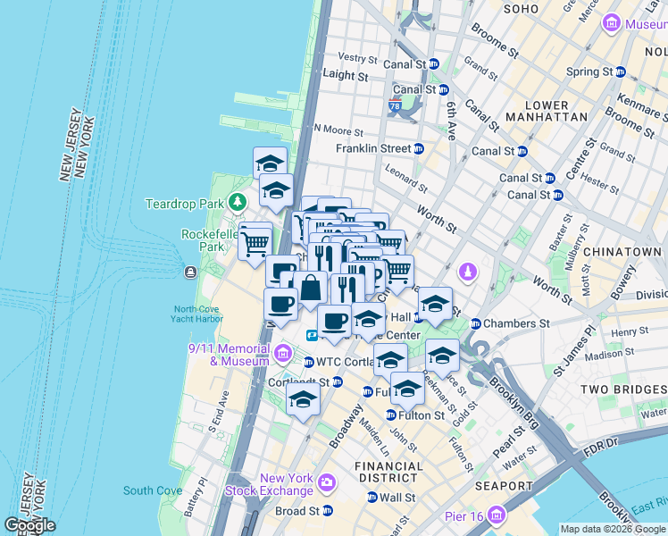 map of restaurants, bars, coffee shops, grocery stores, and more near 255 Greenwich Street in New York