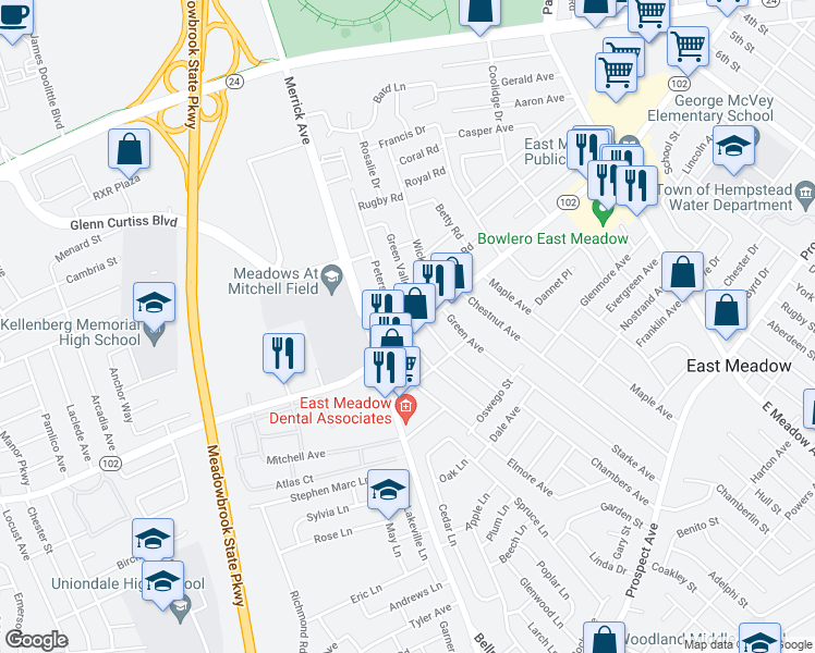 map of restaurants, bars, coffee shops, grocery stores, and more near 320 Peters Avenue in East Meadow