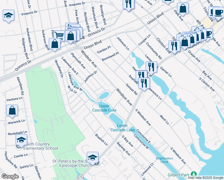map of restaurants, bars, coffee shops, grocery stores, and more near 15 Lakeview Avenue South in Brightwaters