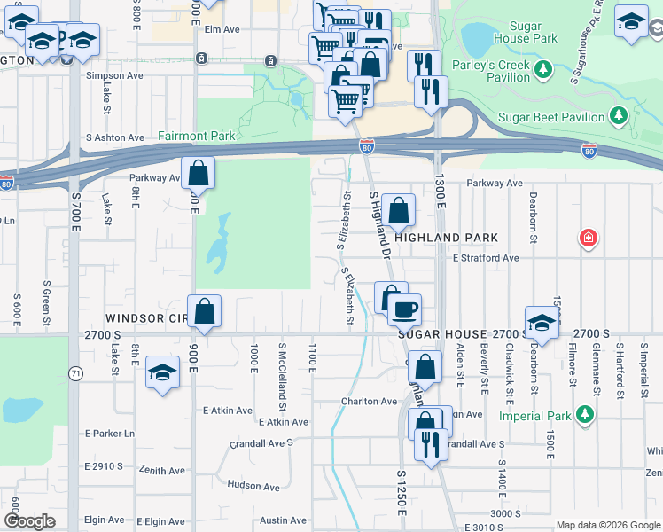 map of restaurants, bars, coffee shops, grocery stores, and more near 2578 South Elizabeth Street in Salt Lake City