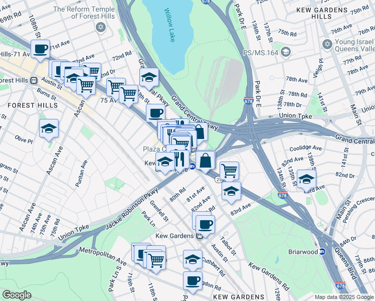 map of restaurants, bars, coffee shops, grocery stores, and more near 6459 Queens Boulevard in Queens