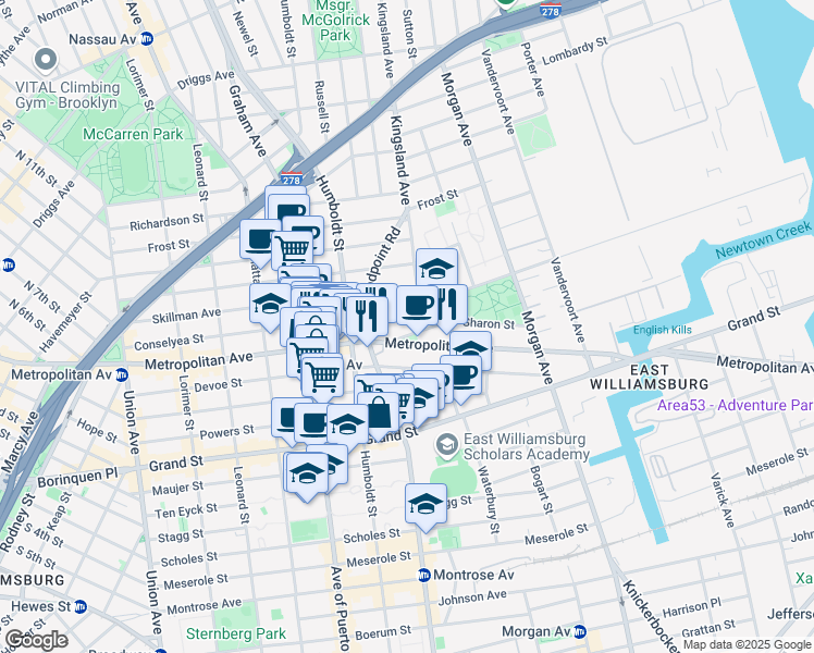 map of restaurants, bars, coffee shops, grocery stores, and more near 29 Orient Avenue in Brooklyn