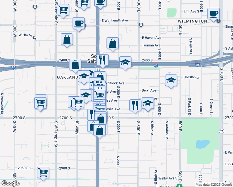 map of restaurants, bars, coffee shops, grocery stores, and more near 2544 South 200 East in South Salt Lake
