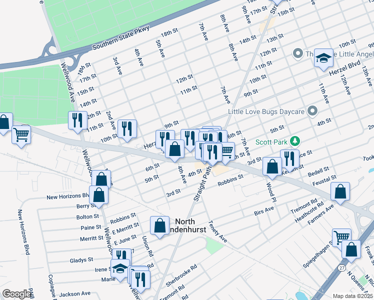 map of restaurants, bars, coffee shops, grocery stores, and more near 720 New York 109 in Lindenhurst