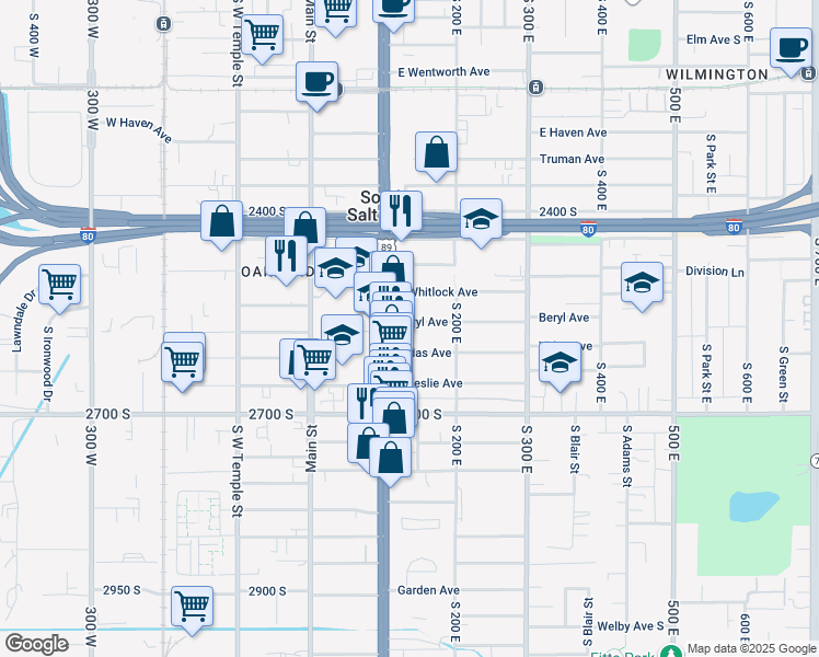 map of restaurants, bars, coffee shops, grocery stores, and more near 126 Beryl Avenue in South Salt Lake