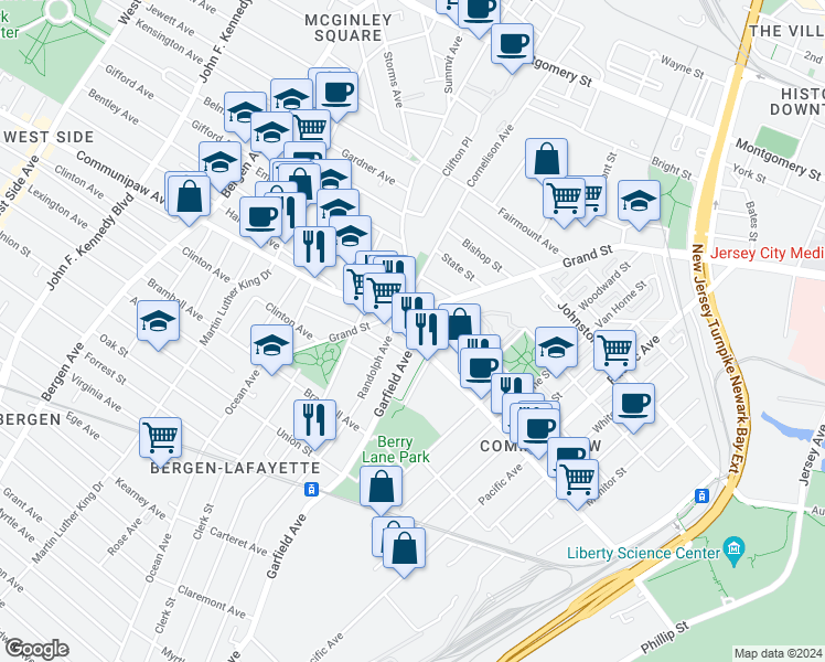 map of restaurants, bars, coffee shops, grocery stores, and more near 3 Summit Avenue in Jersey City