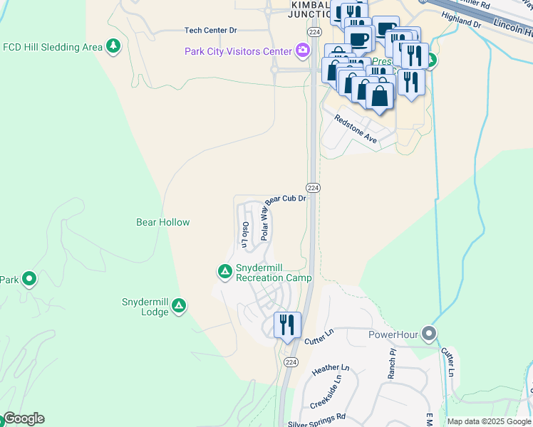 map of restaurants, bars, coffee shops, grocery stores, and more near 5669 Bobsled Boulevard in Park City