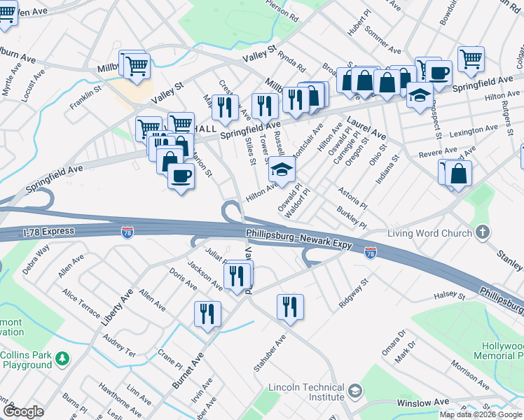 map of restaurants, bars, coffee shops, grocery stores, and more near 343 Tebe Place in Union