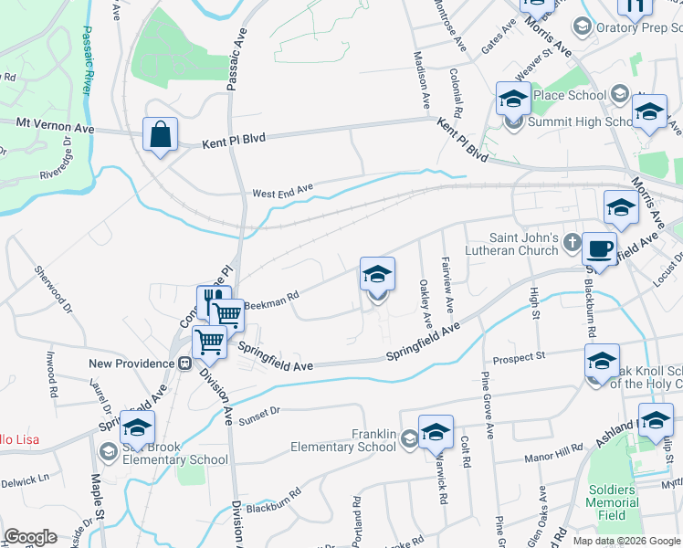 map of restaurants, bars, coffee shops, grocery stores, and more near 13 Beekman Terrace in Summit