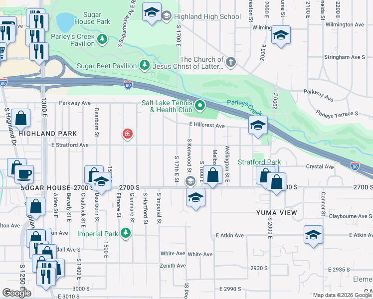 map of restaurants, bars, coffee shops, grocery stores, and more near 2616 South Kenwood Street in Salt Lake City