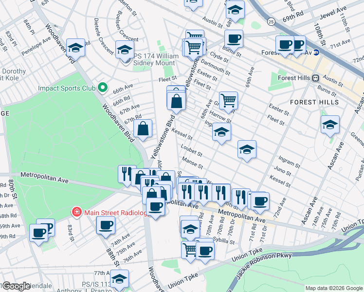 map of restaurants, bars, coffee shops, grocery stores, and more near 67-62 Selfridge Street in Queens