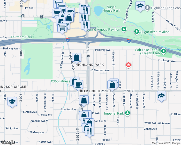 map of restaurants, bars, coffee shops, grocery stores, and more near 2640 South 1300 East in Salt Lake City