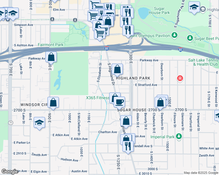 map of restaurants, bars, coffee shops, grocery stores, and more near 1202 East Crystal Avenue in Salt Lake City