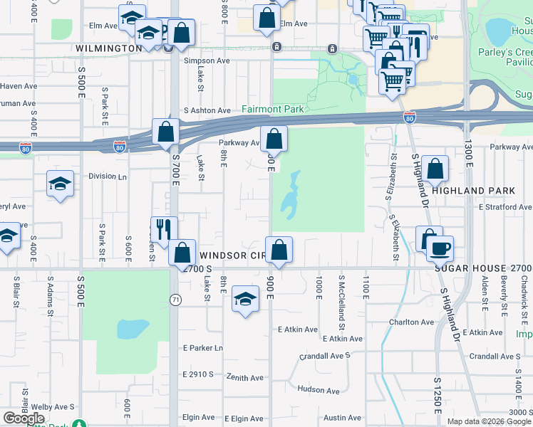 map of restaurants, bars, coffee shops, grocery stores, and more near 2578 900 East in Salt Lake City