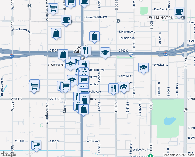map of restaurants, bars, coffee shops, grocery stores, and more near 205 Vidas Avenue in Salt Lake City