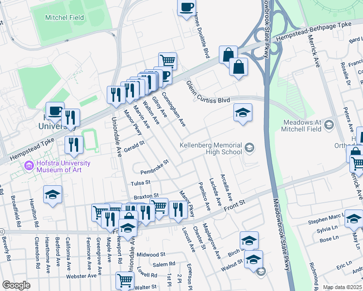 map of restaurants, bars, coffee shops, grocery stores, and more near 168 Walton Avenue in Uniondale