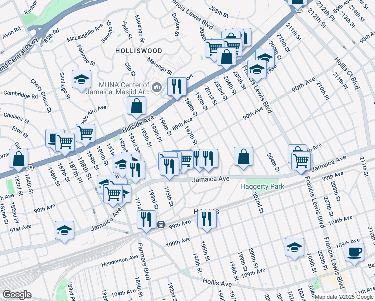 map of restaurants, bars, coffee shops, grocery stores, and more near 90-15 196th Street in Queens