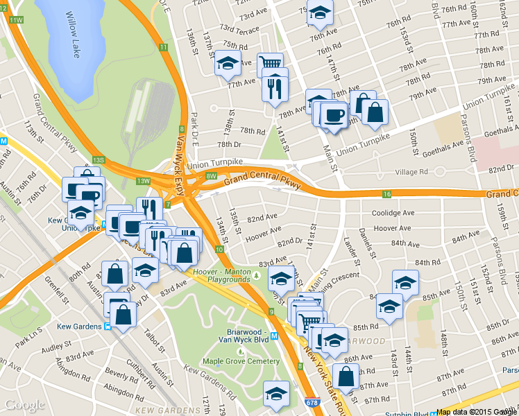 map of restaurants, bars, coffee shops, grocery stores, and more near 82-06 138th Street in Queens