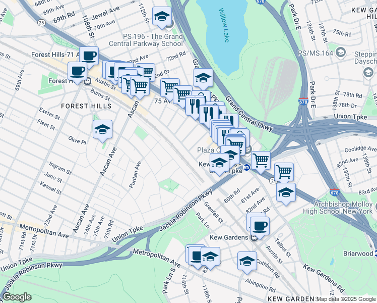 map of restaurants, bars, coffee shops, grocery stores, and more near Austin Street & 76th Drive in Queens