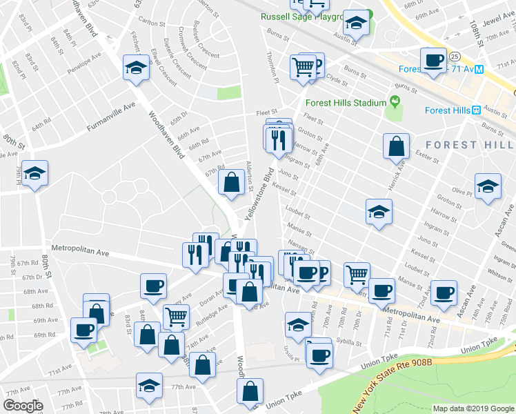 map of restaurants, bars, coffee shops, grocery stores, and more near 68-27 Alderton Street in Queens
