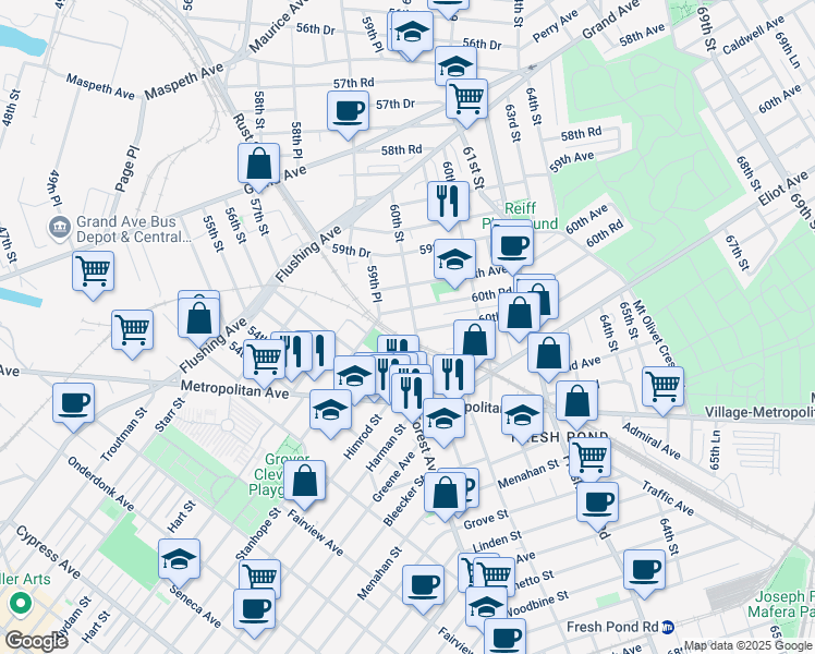 map of restaurants, bars, coffee shops, grocery stores, and more near 60-50 60th Street in Queens