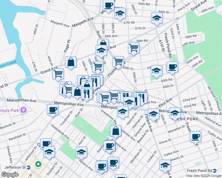 map of restaurants, bars, coffee shops, grocery stores, and more near in Queens