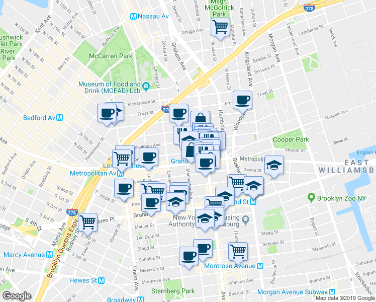 map of restaurants, bars, coffee shops, grocery stores, and more near 713 Metropolitan Avenue in Brooklyn