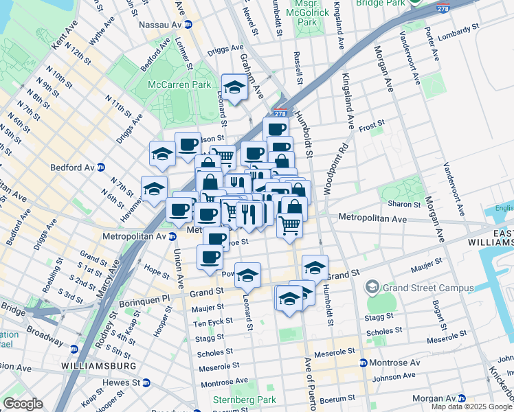 map of restaurants, bars, coffee shops, grocery stores, and more near 661 Metropolitan Avenue in Brooklyn