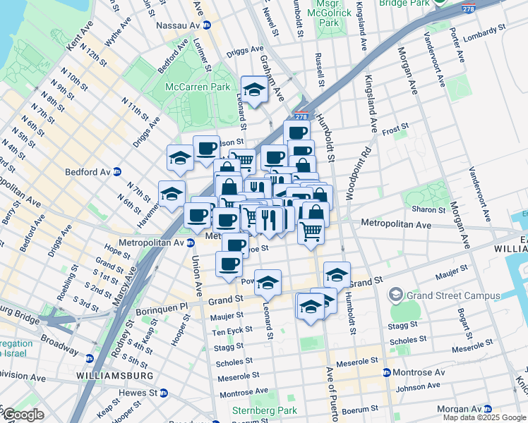 map of restaurants, bars, coffee shops, grocery stores, and more near 661 Metropolitan Avenue in Brooklyn