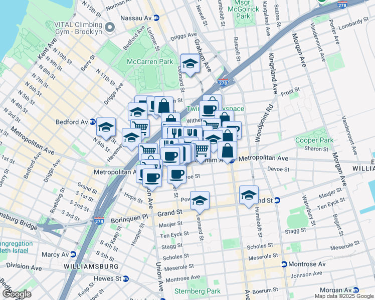 map of restaurants, bars, coffee shops, grocery stores, and more near 609 Metropolitan Avenue in Brooklyn
