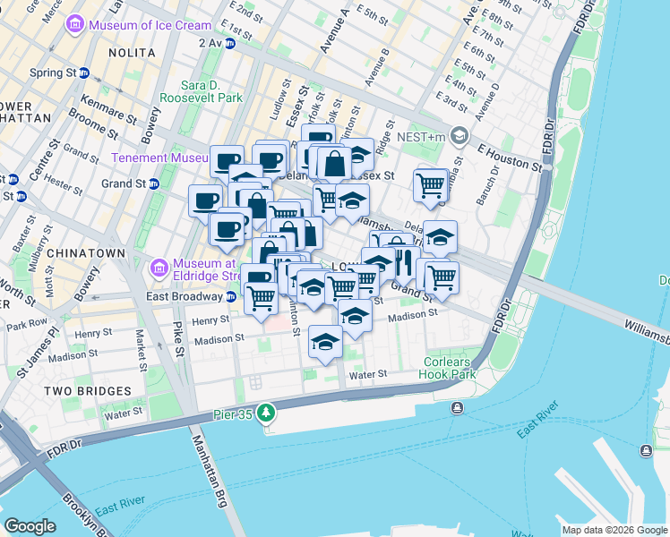 map of restaurants, bars, coffee shops, grocery stores, and more near in New York