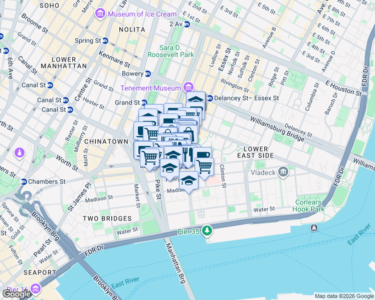 map of restaurants, bars, coffee shops, grocery stores, and more near 153 East Broadway in New York