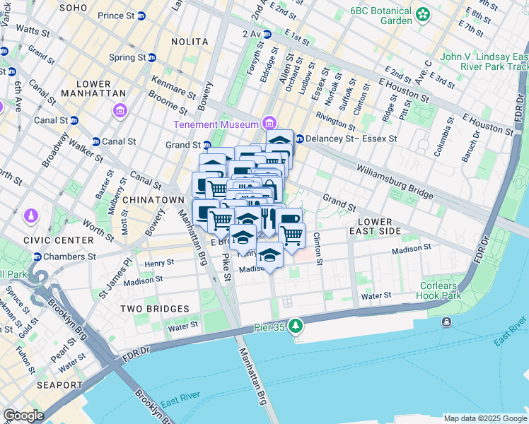 map of restaurants, bars, coffee shops, grocery stores, and more near 153 East Broadway in New York