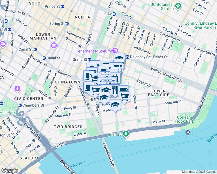 map of restaurants, bars, coffee shops, grocery stores, and more near 153 East Broadway in New York