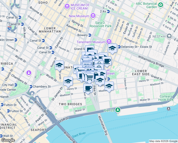 map of restaurants, bars, coffee shops, grocery stores, and more near 96 Division Street in New York