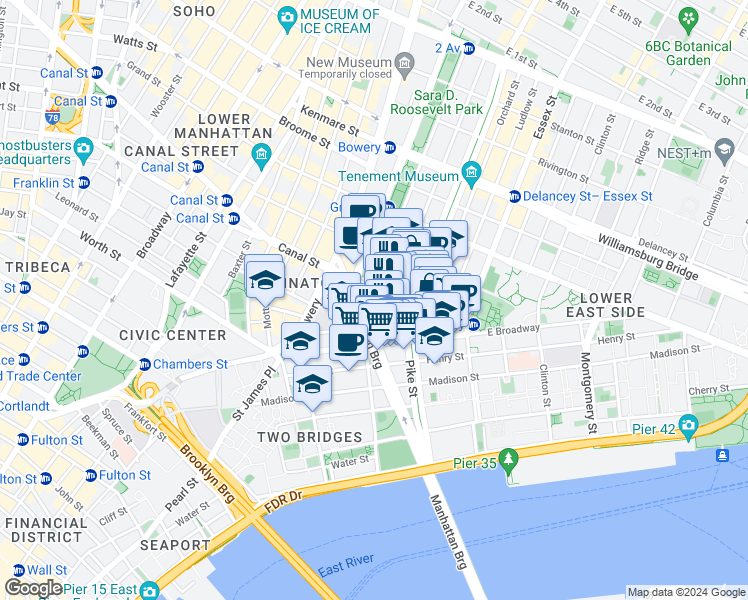 map of restaurants, bars, coffee shops, grocery stores, and more near in New York