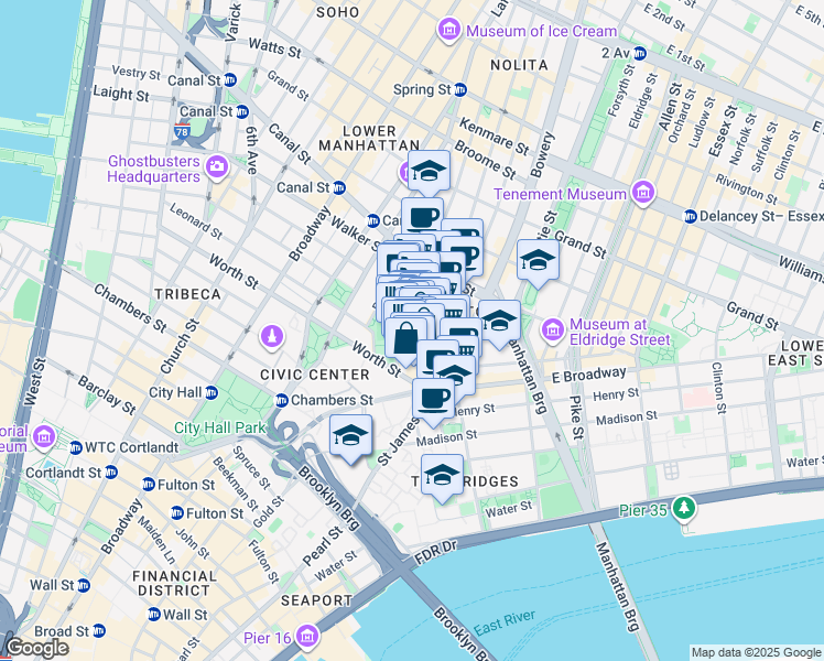 map of restaurants, bars, coffee shops, grocery stores, and more near 42 Mulberry Street in New York