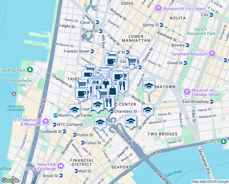 map of restaurants, bars, coffee shops, grocery stores, and more near in New York
