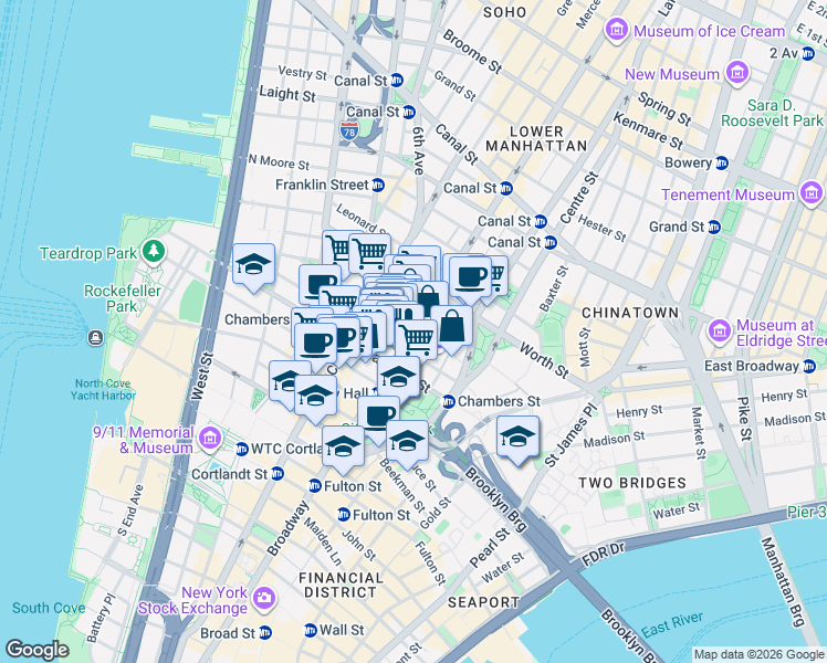 map of restaurants, bars, coffee shops, grocery stores, and more near 278 Broadway in New York