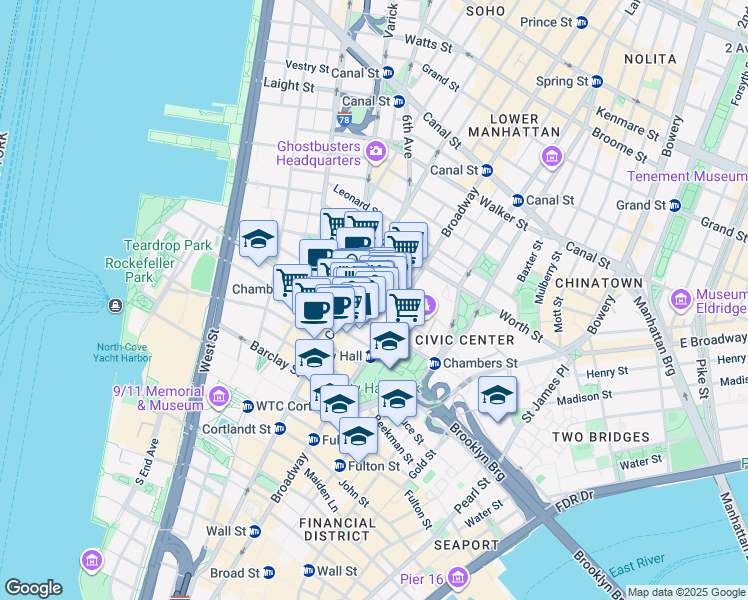 map of restaurants, bars, coffee shops, grocery stores, and more near 277 Broadway in New York