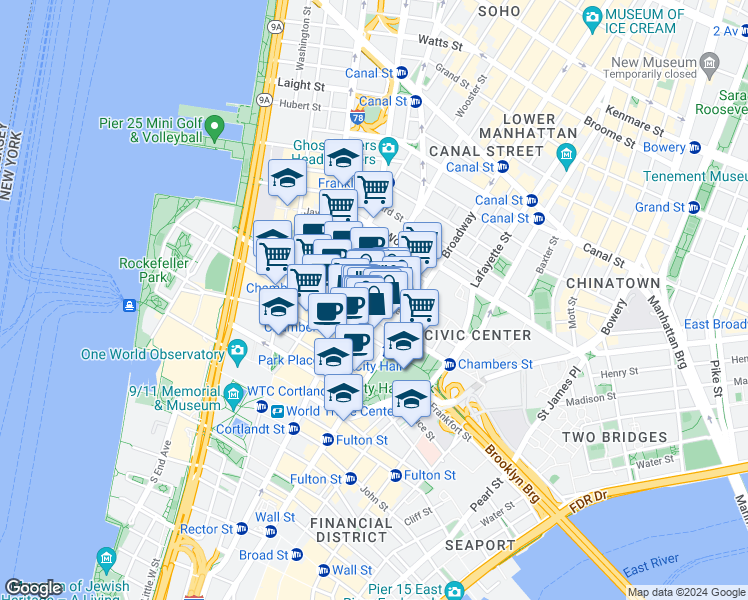map of restaurants, bars, coffee shops, grocery stores, and more near 277 Broadway in New York