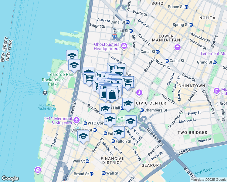 map of restaurants, bars, coffee shops, grocery stores, and more near 165 Church Street in New York