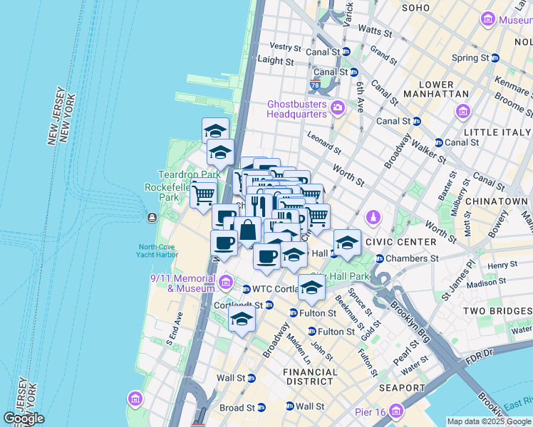 map of restaurants, bars, coffee shops, grocery stores, and more near 255 Greenwich Street in New York