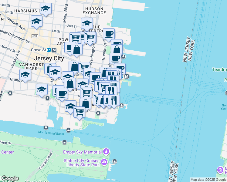 map of restaurants, bars, coffee shops, grocery stores, and more near 70 Hudson Street in Jersey City
