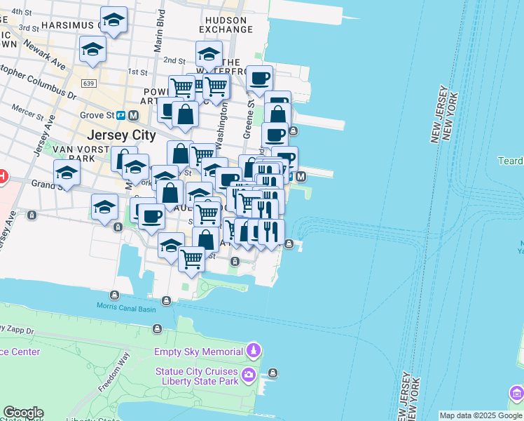 map of restaurants, bars, coffee shops, grocery stores, and more near 70 Hudson Street in Jersey City