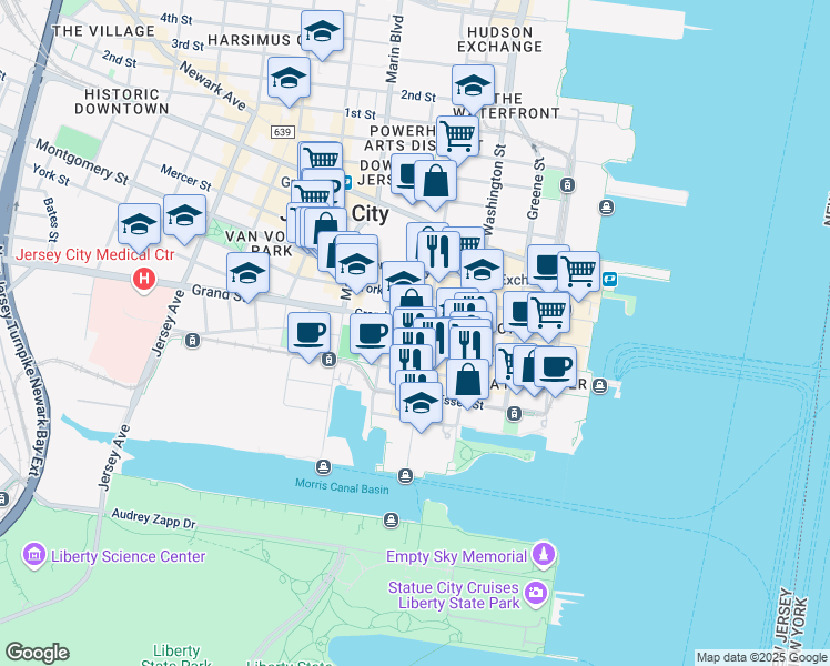 map of restaurants, bars, coffee shops, grocery stores, and more near 207 Warren Street in Jersey City