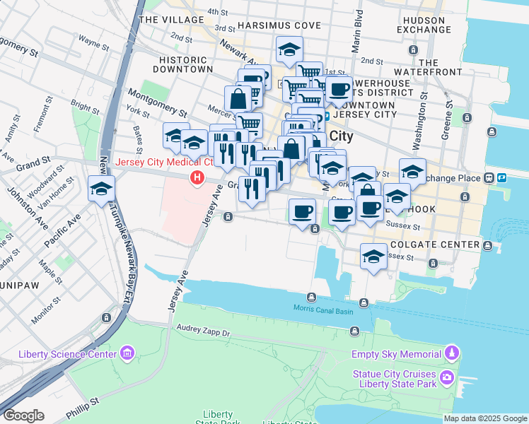map of restaurants, bars, coffee shops, grocery stores, and more near 9 Regent Street in Jersey City
