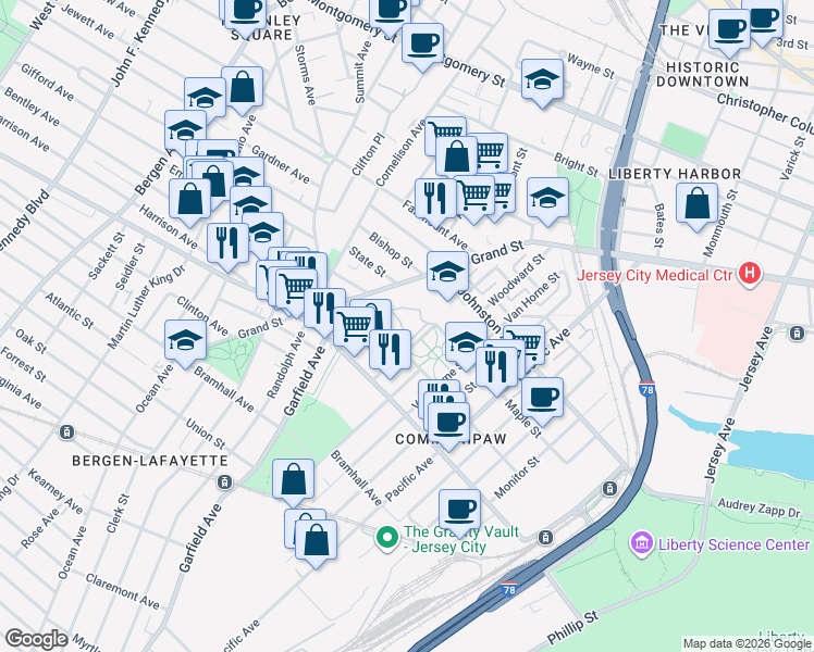 map of restaurants, bars, coffee shops, grocery stores, and more near 144 Lafayette Street in Jersey City