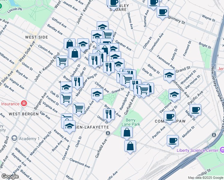 map of restaurants, bars, coffee shops, grocery stores, and more near 402 Arlington Avenue in Jersey City